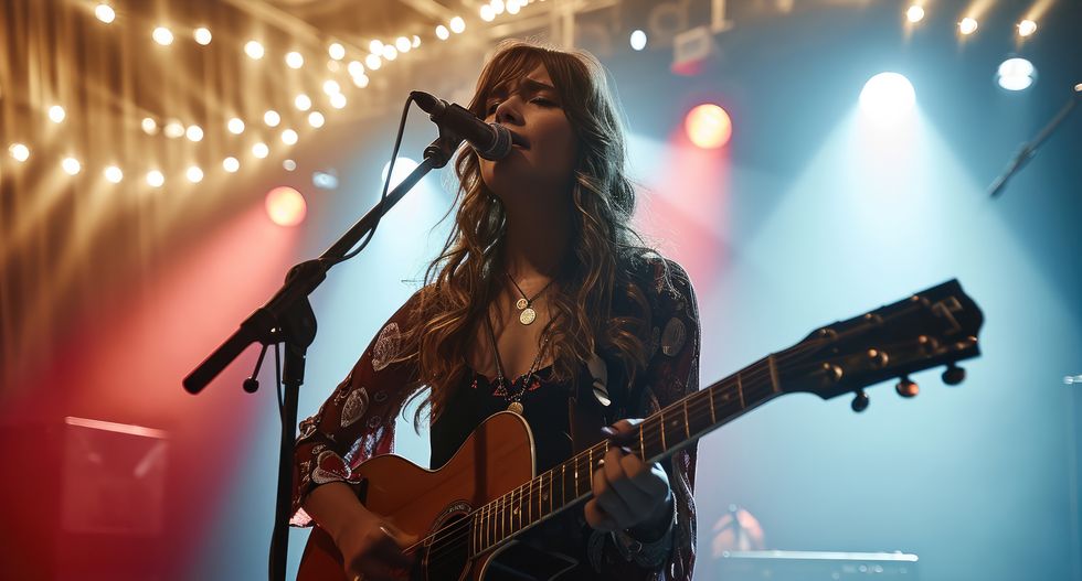 Woman singing on a stage while playing guitar